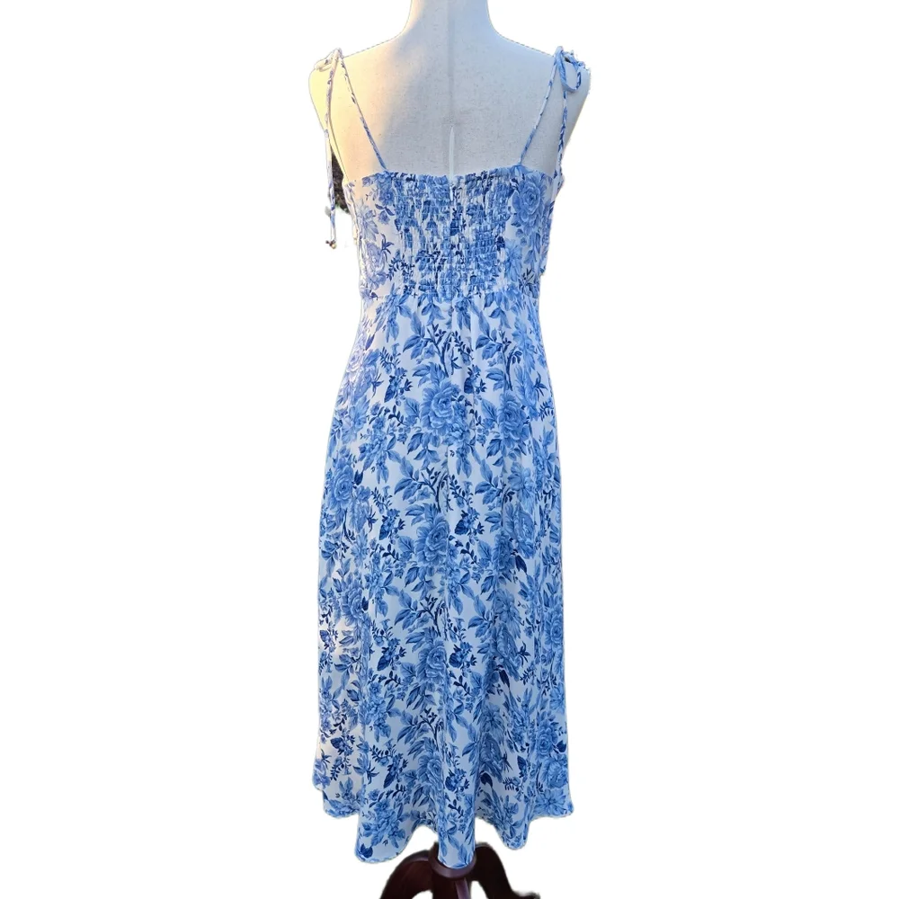 ​Petal & Pup Blue Floral Tie Strap Midi Dress Smocked Back Front Side Slit - Picture 8 of 16